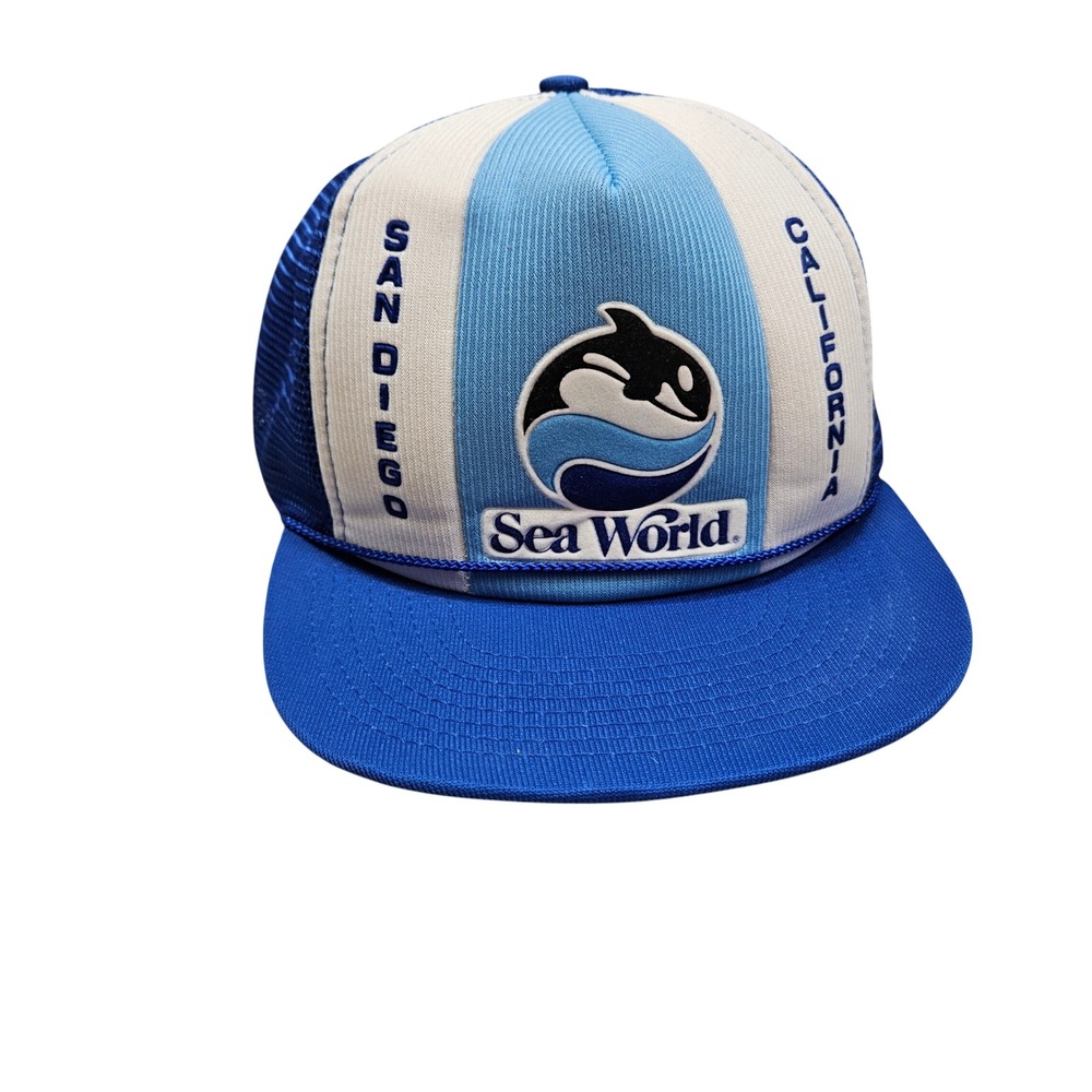 SeaWorld Trucker Hat Unisex Blue Vintage 1990 San Diego California Orca Mesh